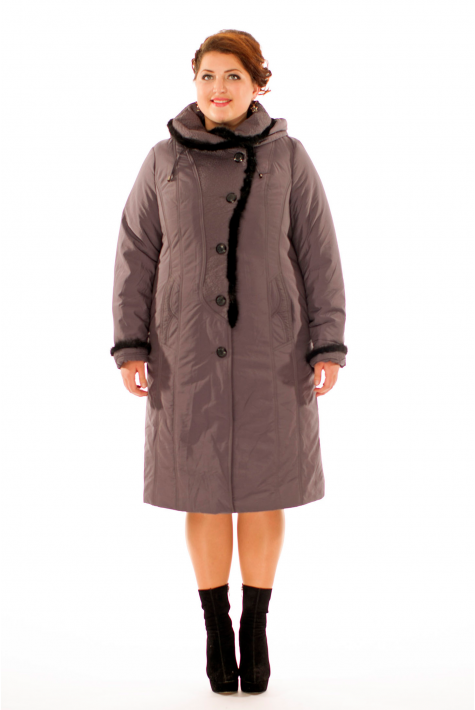 Женское пальто из текстиля с капюшоном, отделка норка 8010213