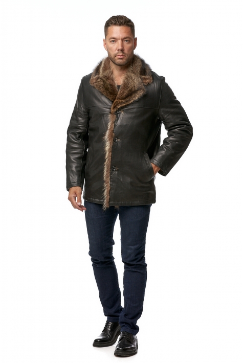Мужская кожаная куртка из натуральной кожи на меху с воротником, отделка енот 8013282