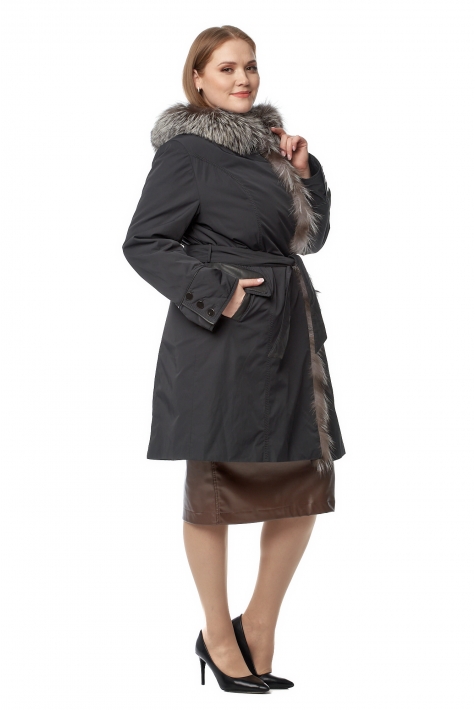 Женское пальто из текстиля с капюшоном, отделка лиса 8020918